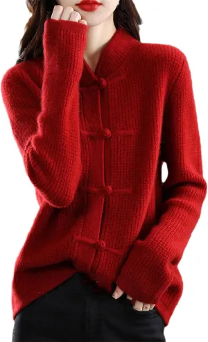 100% Merino Wool Women's Buckle Chinese Style Cashmere Cardigan Autumn Winter Warm Solid Color Jacket Top