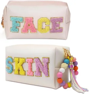 2 Preppy Patch Makeup Bag Chenille Letters Cosmetic Bag Personalized Initial Cute Face Skin Pu Leather Portable Waterproof Toiletry Bag with Keychain Travel Make up Bag for Women Teen Girls