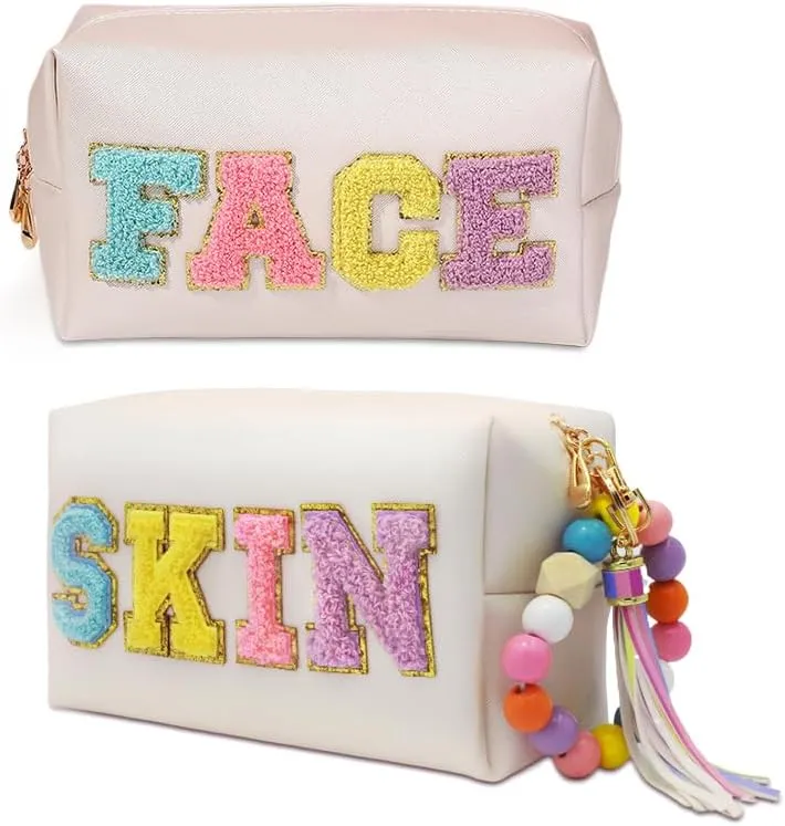 2 Preppy Patch Makeup Bag Chenille Letters Cosmetic Bag Personalized Initial Cute Face Skin Pu Leather Portable Waterproof Toiletry Bag with Keychain Travel Make up Bag for Women Teen Girls