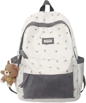 2025 Cute Preppy Bag Floral Printed Kawaii Backpack Cottagecore Aesthetic Backpack Laptop Daypack (Gray)