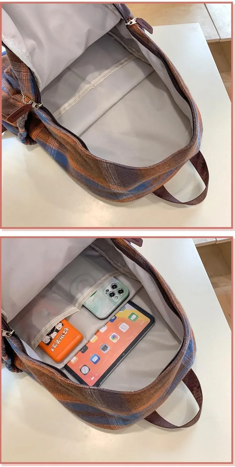 2025 Plaid Preppy Backpack for Women Y2k Aesthetic Shoulder Bag Vintage Daypack with Pendant Checkered Laptop Bag (Brown)