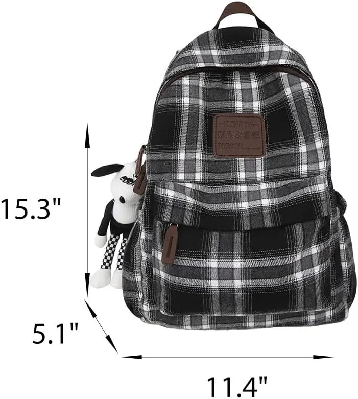 2025 Plaid Preppy Backpack for Women Y2k Aesthetic Shoulder Bag Vintage Daypack with Pendant Checkered Laptop Bag (Brown)