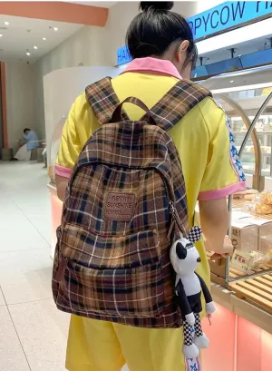 2025 Plaid Preppy Backpack for Women Y2k Aesthetic Shoulder Bag Vintage Daypack with Pendant Checkered Laptop Bag (Khaki)