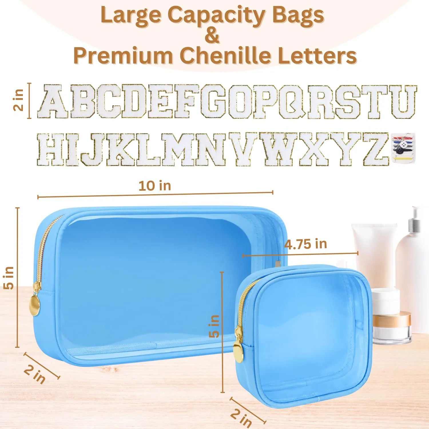 2PCS Personalized Preppy Makeup Bag Set, Small Makeup Pouch & Large Cosmetic Bag, Premium 26 Chenille Letters, Cute Skincare Bag, Birthday Gifts for Girls Woman (Blue)