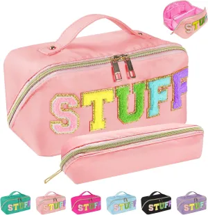 2pcs Preppy Makeup Bag, Stoney Clover Travel Toiletry Pouch Chenille Letter Make Up Bags Girls Cute Cosmetic Bag Wedding Birthday Mothers Day Gifts for Women Stuff Bag (Pink)