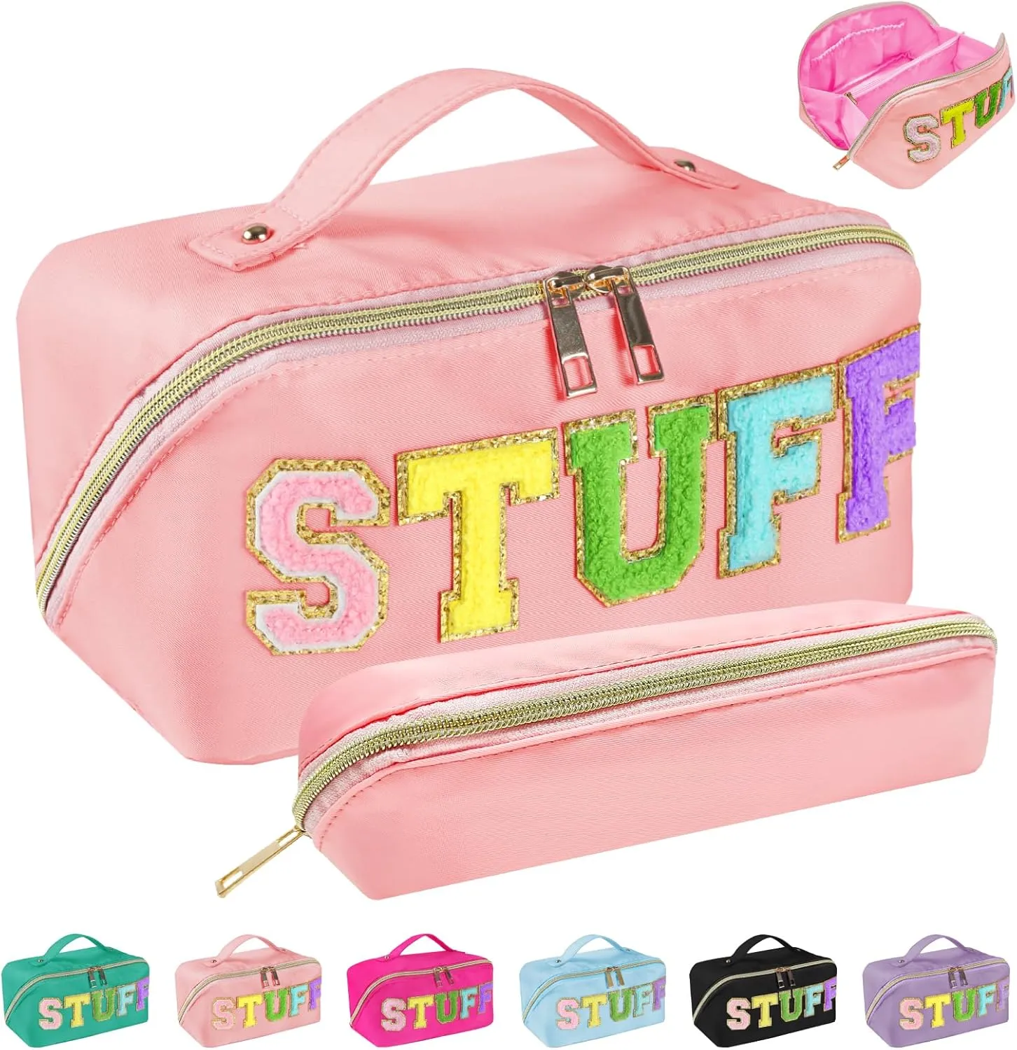 2pcs Preppy Makeup Bag, Stoney Clover Travel Toiletry Pouch Chenille Letter Make Up Bags Girls Cute Cosmetic Bag Wedding Birthday Mothers Day Gifts for Women Stuff Bag (Pink)