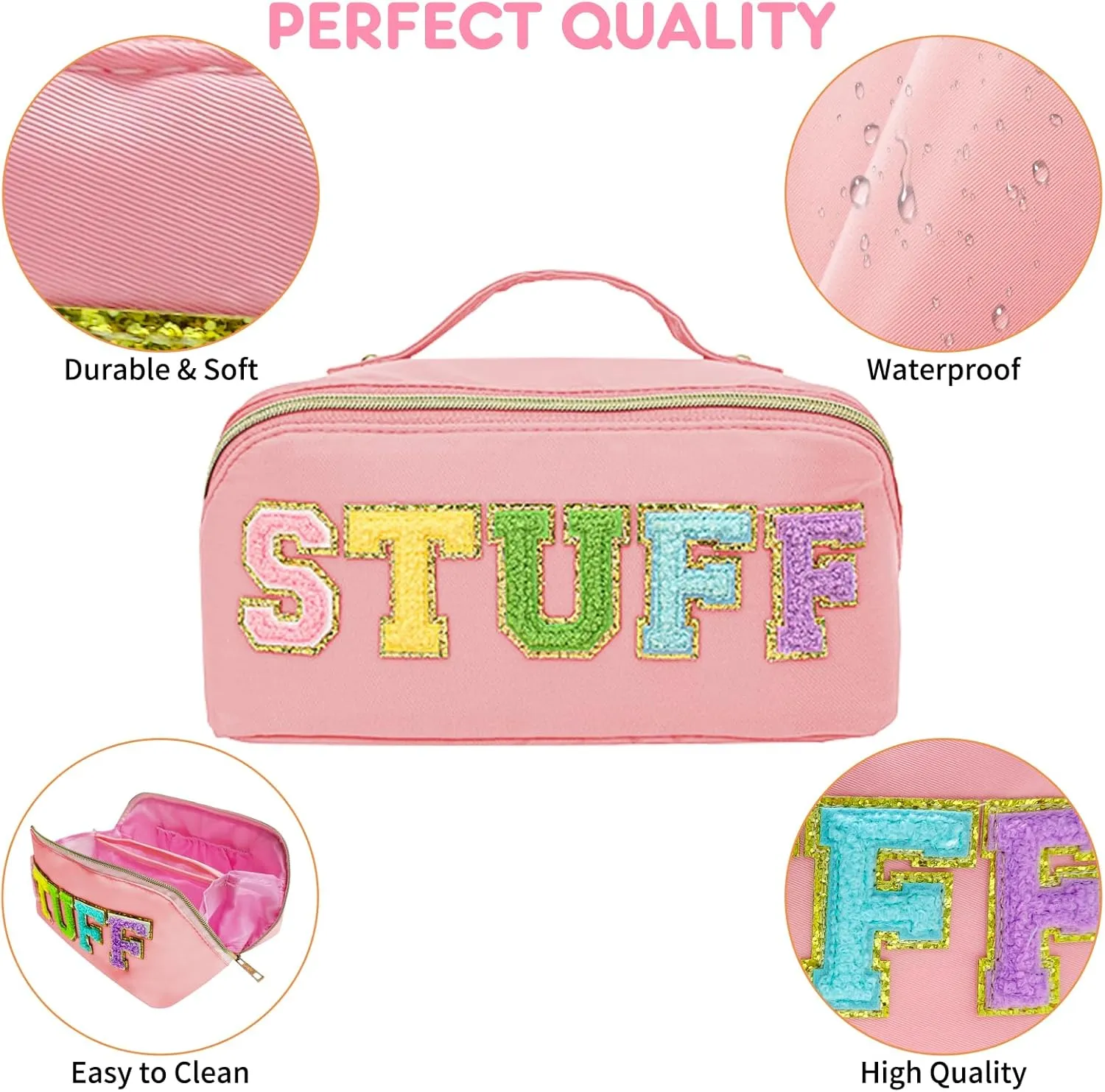 2pcs Preppy Makeup Bag, Stoney Clover Travel Toiletry Pouch Chenille Letter Make Up Bags Girls Cute Cosmetic Bag Wedding Birthday Mothers Day Gifts for Women Stuff Bag (Pink)