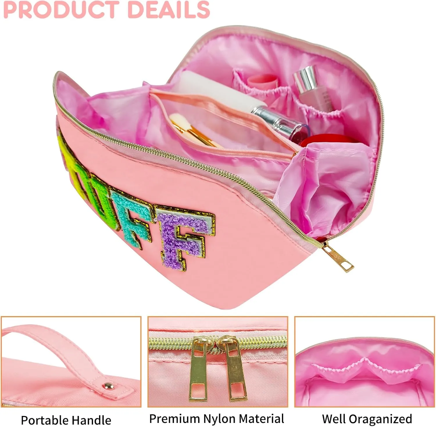 2pcs Preppy Makeup Bag, Stoney Clover Travel Toiletry Pouch Chenille Letter Make Up Bags Girls Cute Cosmetic Bag Wedding Birthday Mothers Day Gifts for Women Stuff Bag (Pink)