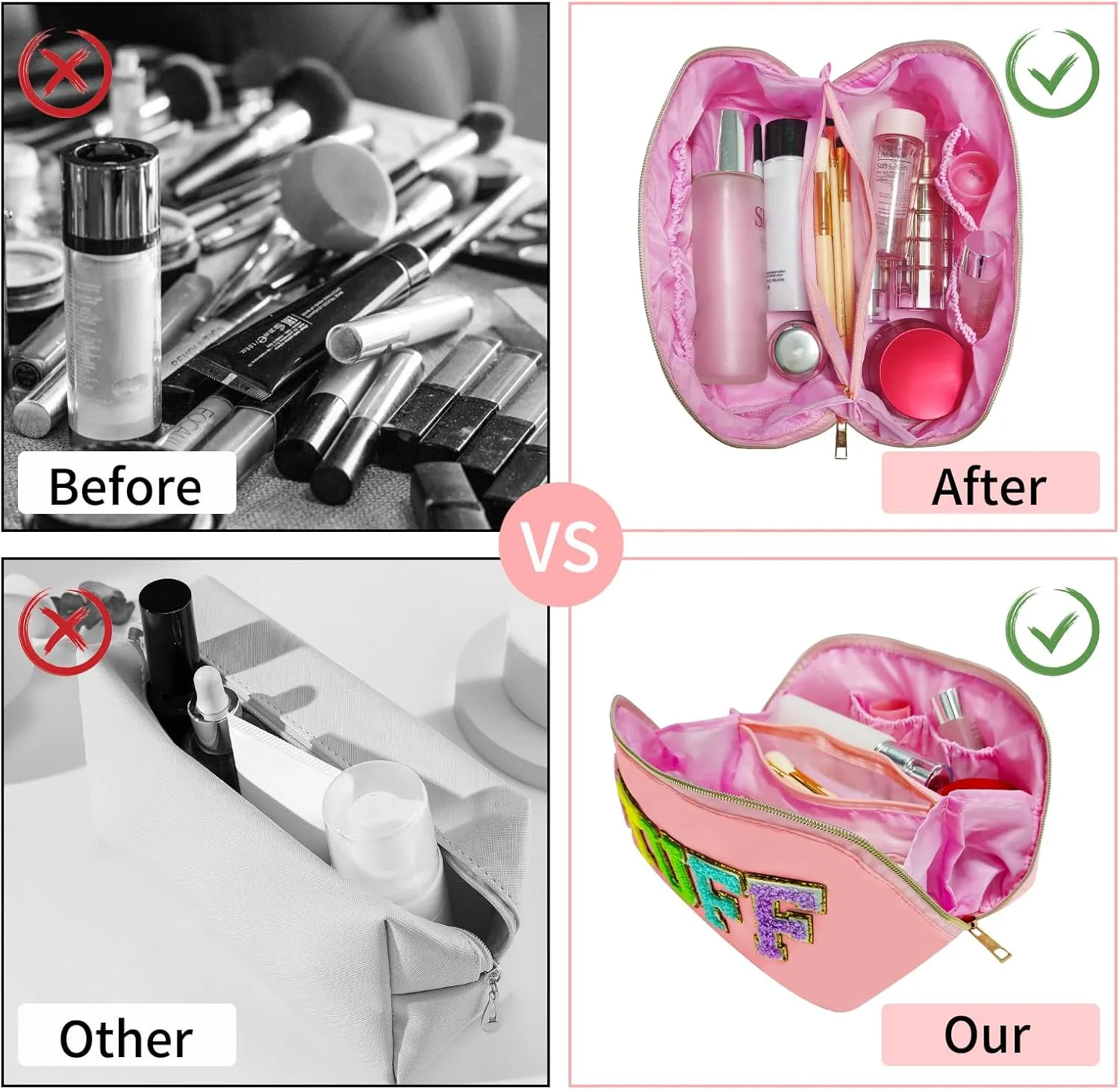 2pcs Preppy Makeup Bag, Stoney Clover Travel Toiletry Pouch Chenille Letter Make Up Bags Girls Cute Cosmetic Bag Wedding Birthday Mothers Day Gifts for Women Stuff Bag (Pink)
