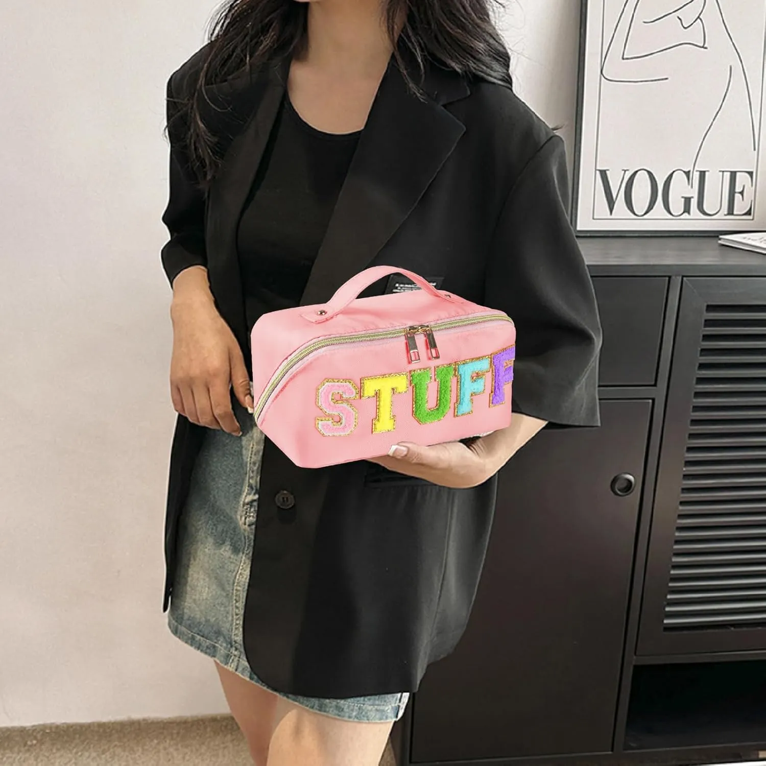 2pcs Preppy Makeup Bag, Stoney Clover Travel Toiletry Pouch Chenille Letter Make Up Bags Girls Cute Cosmetic Bag Wedding Birthday Mothers Day Gifts for Women Stuff Bag (Pink)