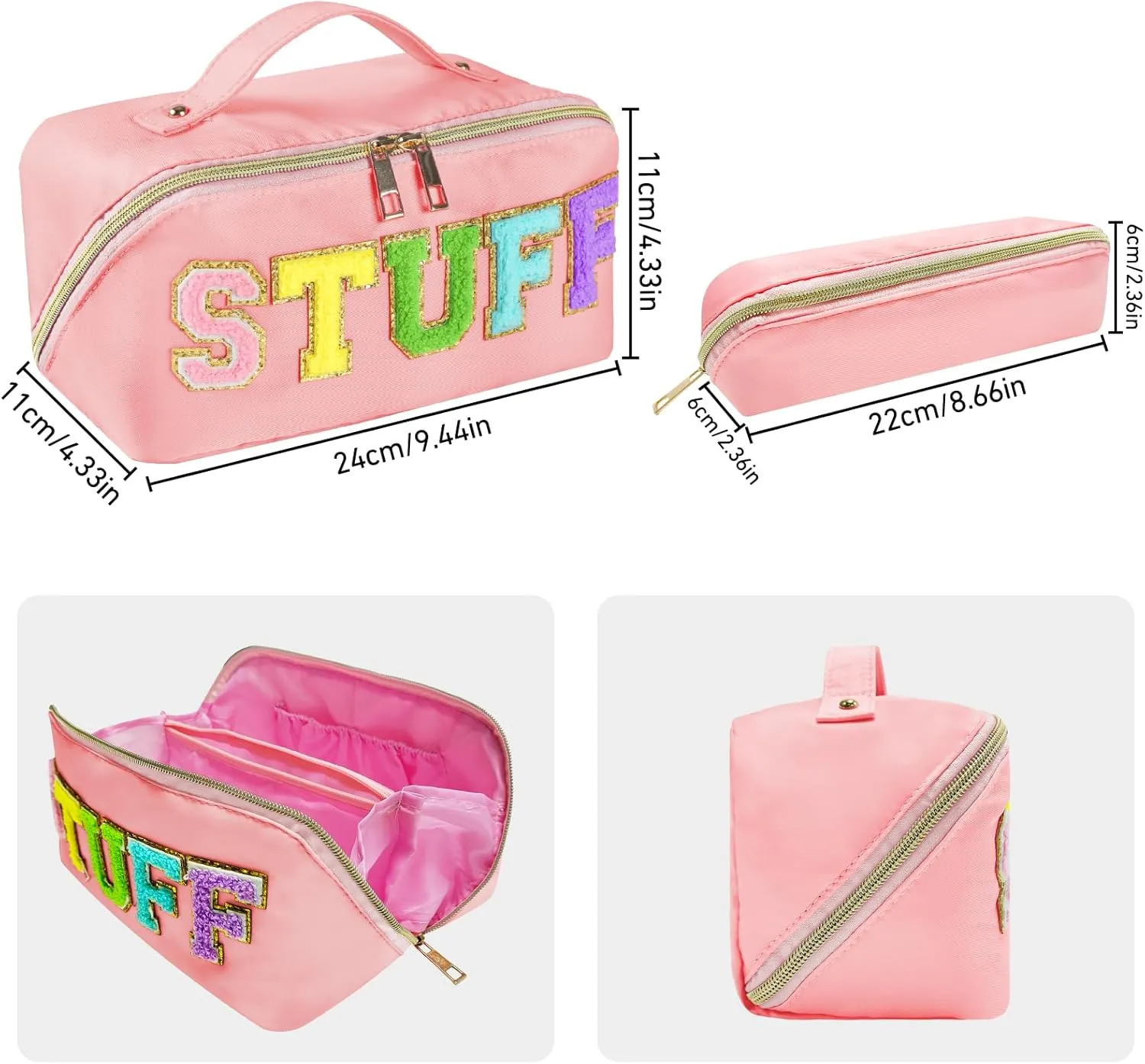 2pcs Preppy Makeup Bag, Stoney Clover Travel Toiletry Pouch Chenille Letter Make Up Bags Girls Cute Cosmetic Bag Wedding Birthday Mothers Day Gifts for Women Stuff Bag (Pink)