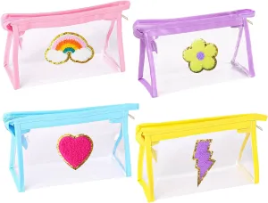 4 Pcs Cute Preppy Patch Makeup Bags Clear Travel Bag for Women PVC Waterproof Toiletry Cosmetic Bags Cute Chenille Pattern Pouch Purse with Zipper for Women Gifts Stuff Daily Use Organizer Bag