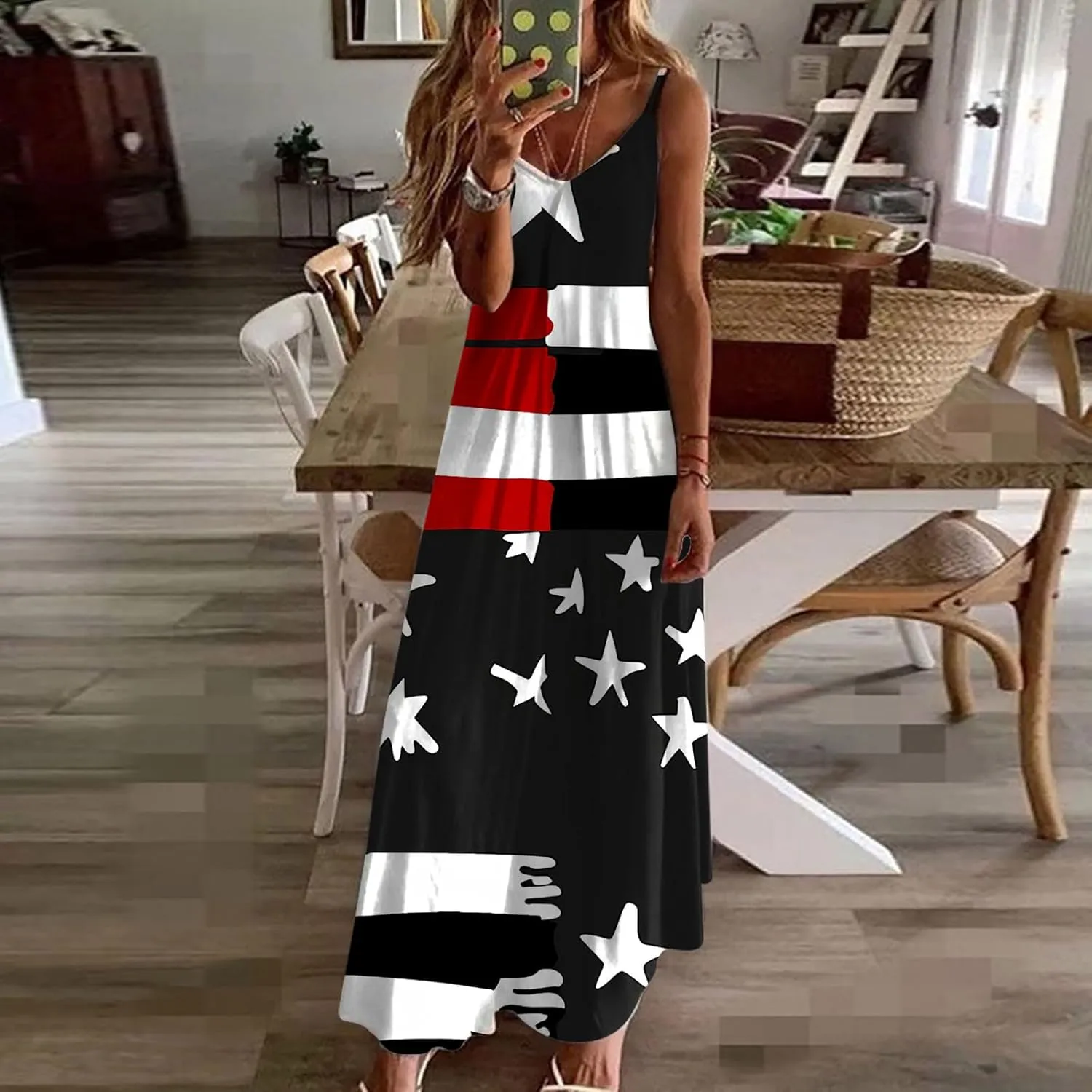 4th of July Dress for Women USA Flag Graphic Sundresses Stars Stripes Printed Independence Day Sleeveless Maxi Dress