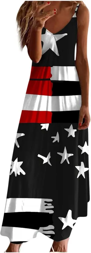 4th of July Dress for Women USA Flag Graphic Sundresses Stars Stripes Printed Independence Day Sleeveless Maxi Dress