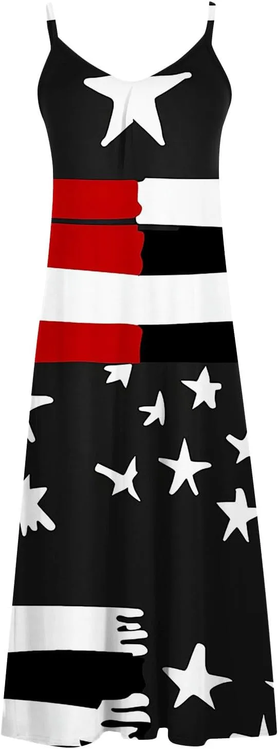 4th of July Dress for Women USA Flag Graphic Sundresses Stars Stripes Printed Independence Day Sleeveless Maxi Dress