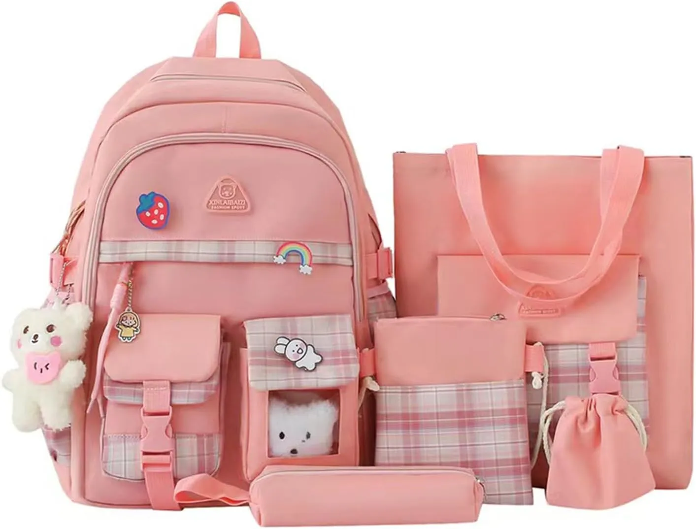 5 pcs Cute Aesthetic Backpack Set with Pins and Pendant Large Kawaii Japanese Style College Laptop Bookbag Preppy Backpack (Pink,One Size)