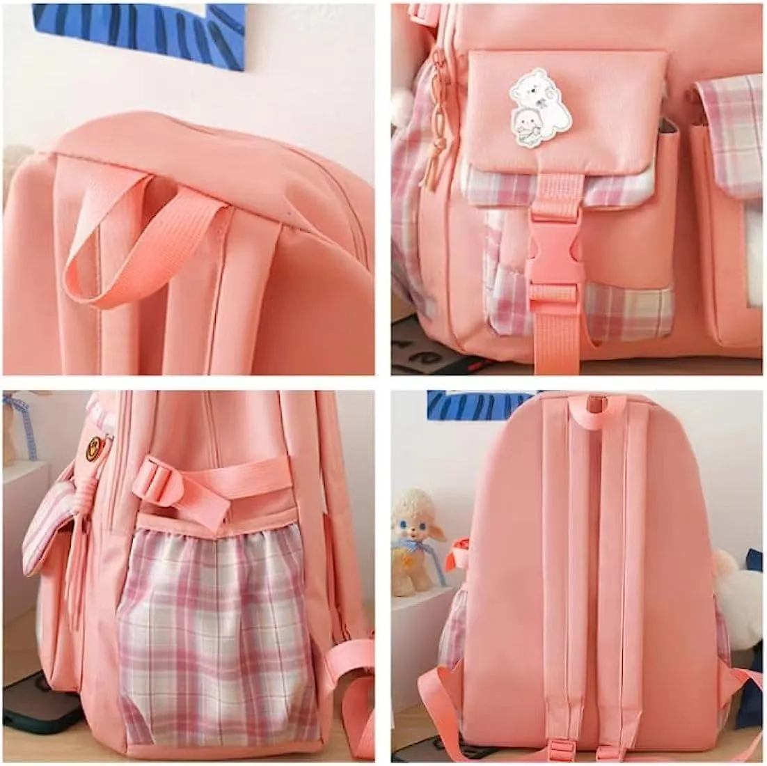 5 pcs Cute Aesthetic Backpack Set with Pins and Pendant Large Kawaii Japanese Style College Laptop Bookbag Preppy Backpack (Pink,One Size)