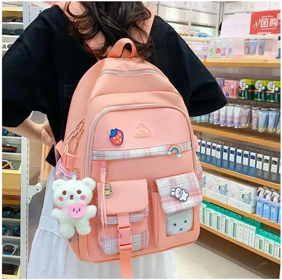 5 pcs Cute Aesthetic Backpack Set with Pins and Pendant Large Kawaii Japanese Style College Laptop Bookbag Preppy Backpack (Pink,One Size)