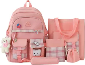 5 pcs Cute Aesthetic Backpack Set with Pins and Pendant Large Kawaii Japanese Style College Laptop Bookbag Preppy Backpack (Pink,One Size)