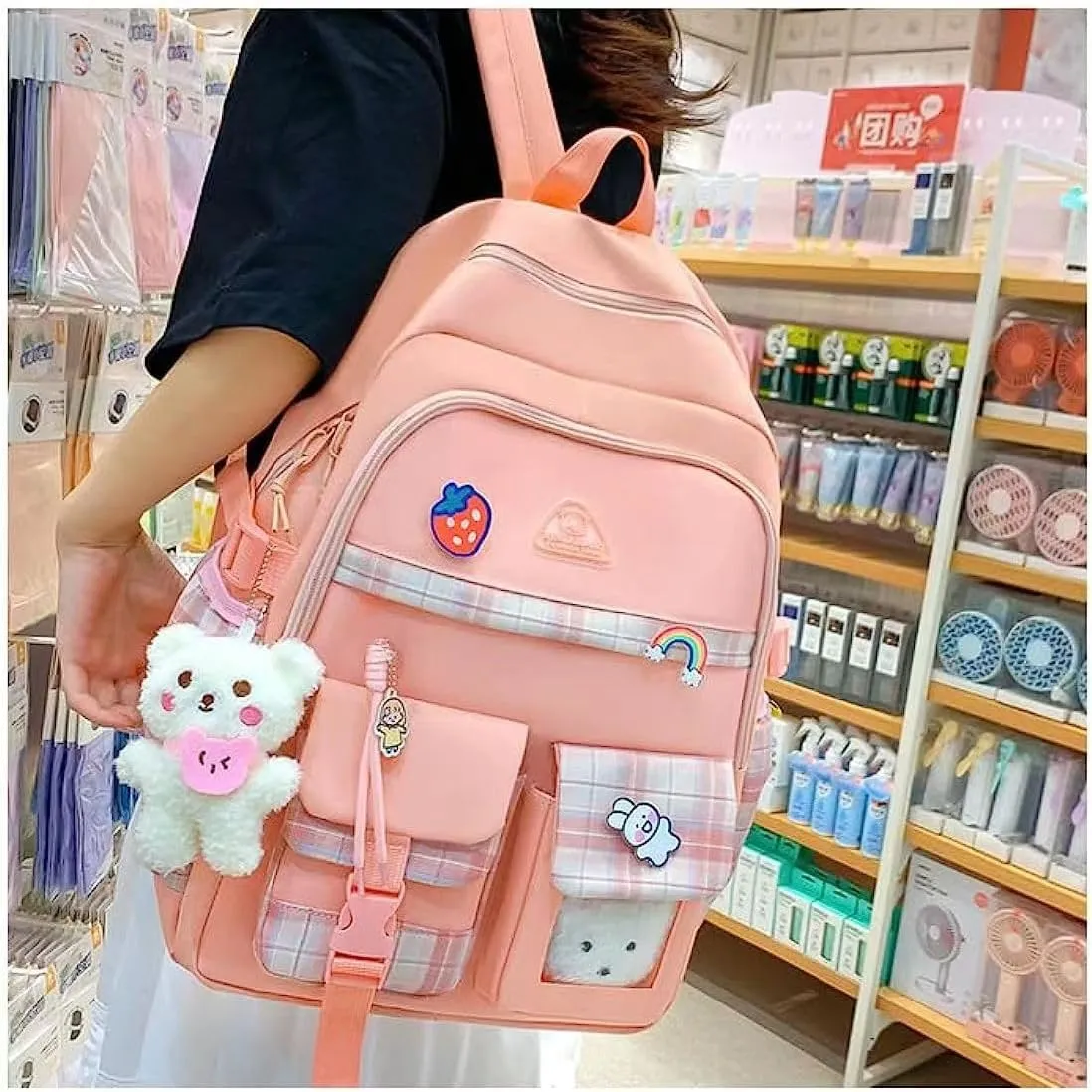 5 pcs Cute Aesthetic Backpack Set with Pins and Pendant Large Kawaii Japanese Style College Laptop Bookbag Preppy Backpack (Pink,One Size)