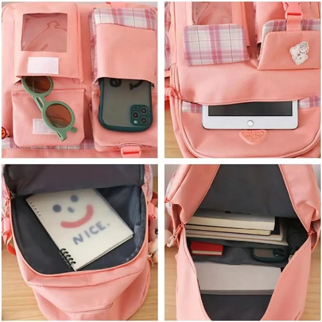 5 pcs Cute Aesthetic Backpack Set with Pins and Pendant Large Kawaii Japanese Style College Laptop Bookbag Preppy Backpack (Pink,One Size)