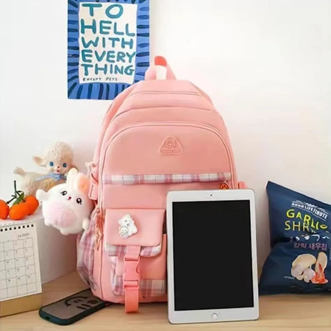 5 pcs Cute Aesthetic Backpack Set with Pins and Pendant Large Kawaii Japanese Style College Laptop Bookbag Preppy Backpack (Pink,One Size)