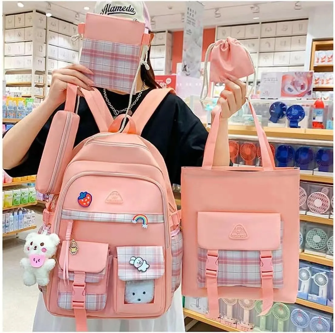 5 pcs Cute Aesthetic Backpack Set with Pins and Pendant Large Kawaii Japanese Style College Laptop Bookbag Preppy Backpack (Pink,One Size)