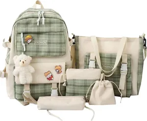 5 pcs Cute Backpack Set Aesthetic Backpack Japanese Kawaii Plaid Bag Preppy Accessories Fit 15.6" Laptop Casual Daypack (Green,One Size)