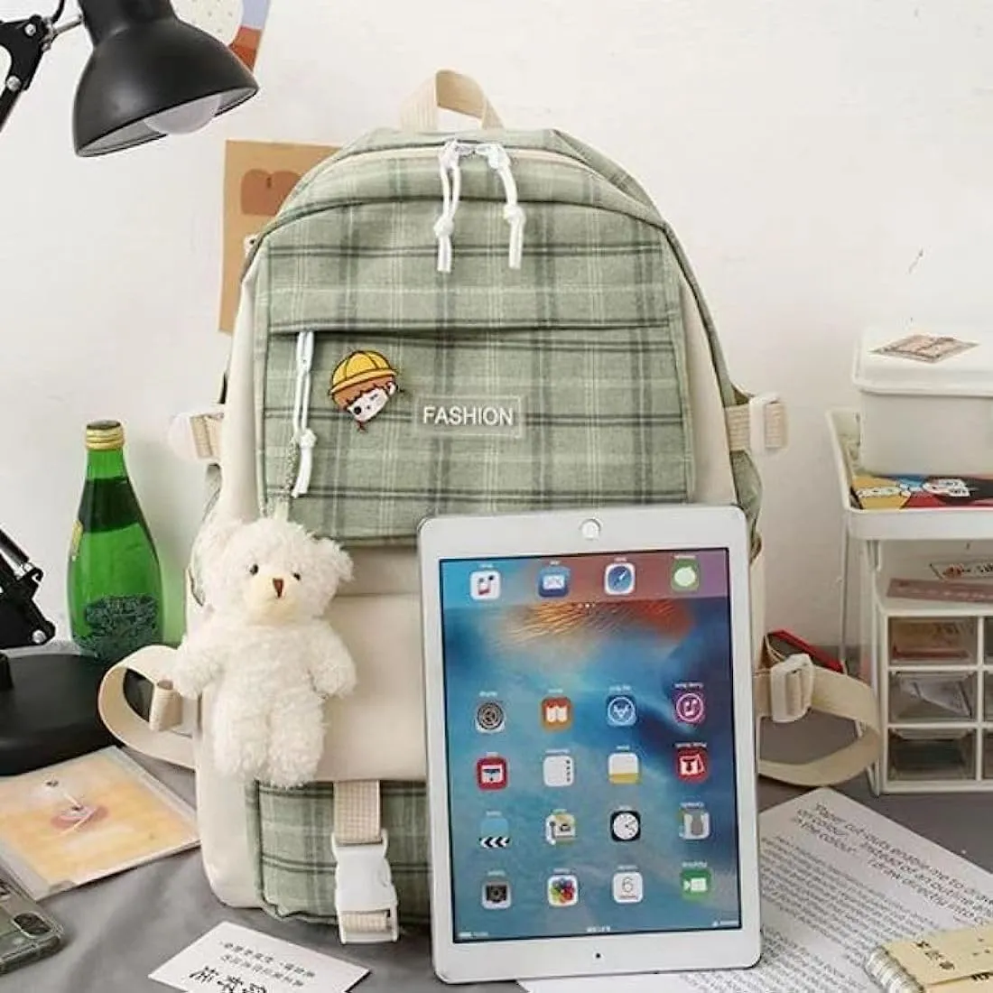 5 pcs Cute Backpack Set Aesthetic Backpack Japanese Kawaii Plaid Bag Preppy Accessories Fit 15.6" Laptop Casual Daypack (Khaki,One Size)