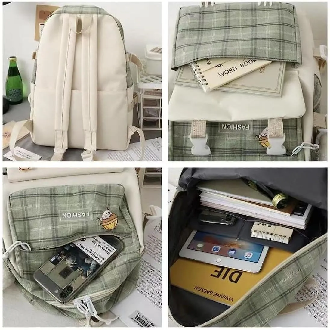 5 pcs Cute Backpack Set Aesthetic Backpack Japanese Kawaii Plaid Bag Preppy Accessories Fit 15.6" Laptop Casual Daypack (Khaki,One Size)