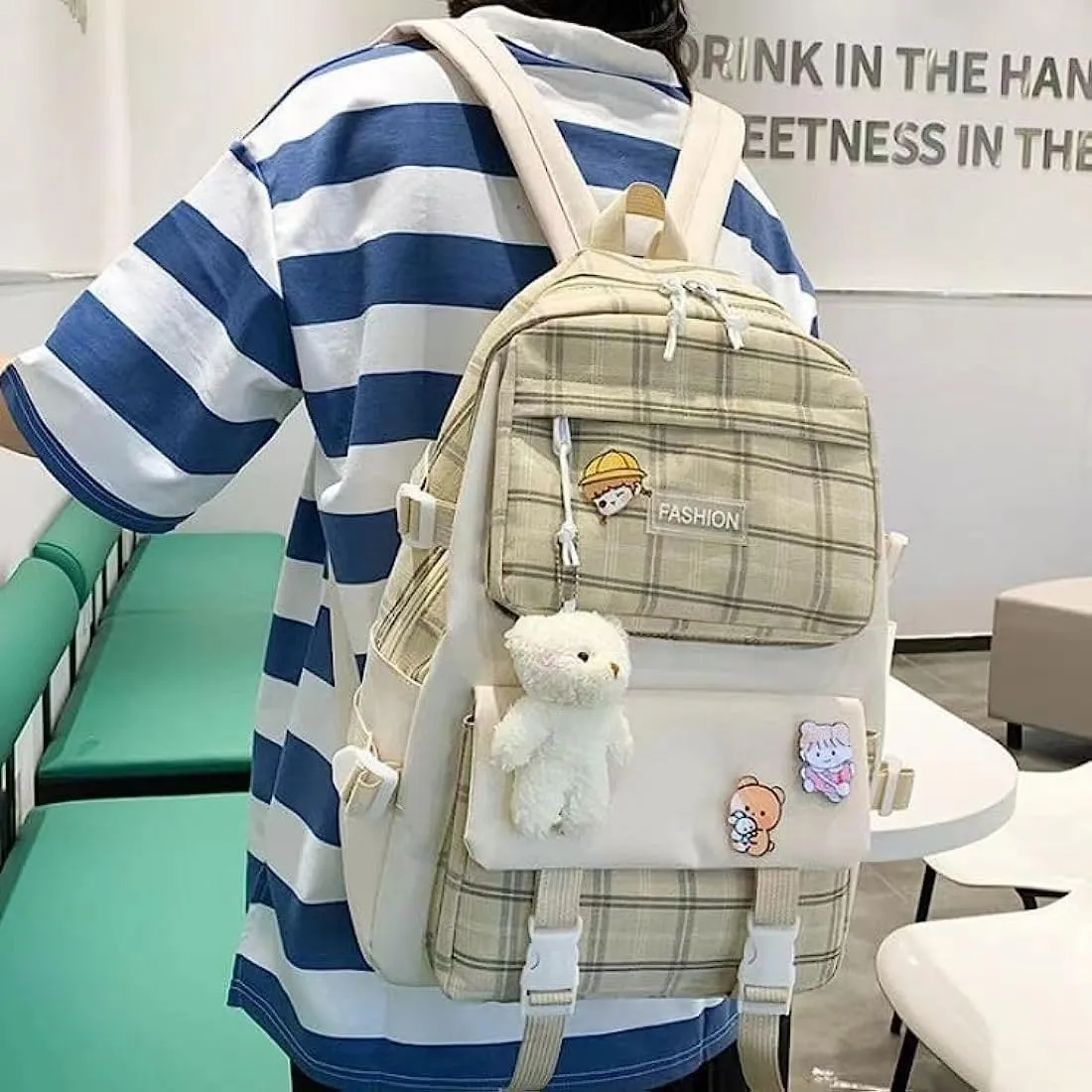 5 pcs Cute Backpack Set Aesthetic Backpack Japanese Kawaii Plaid Bag Preppy Accessories Fit 15.6" Laptop Casual Daypack (Khaki,One Size)