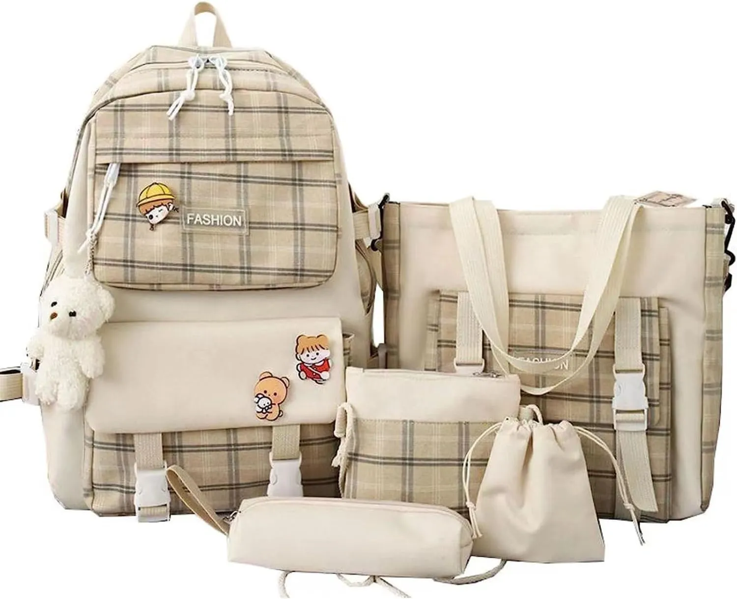 5 pcs Cute Backpack Set Aesthetic Backpack Japanese Kawaii Plaid Bag Preppy Accessories Fit 15.6" Laptop Casual Daypack (Khaki,One Size)