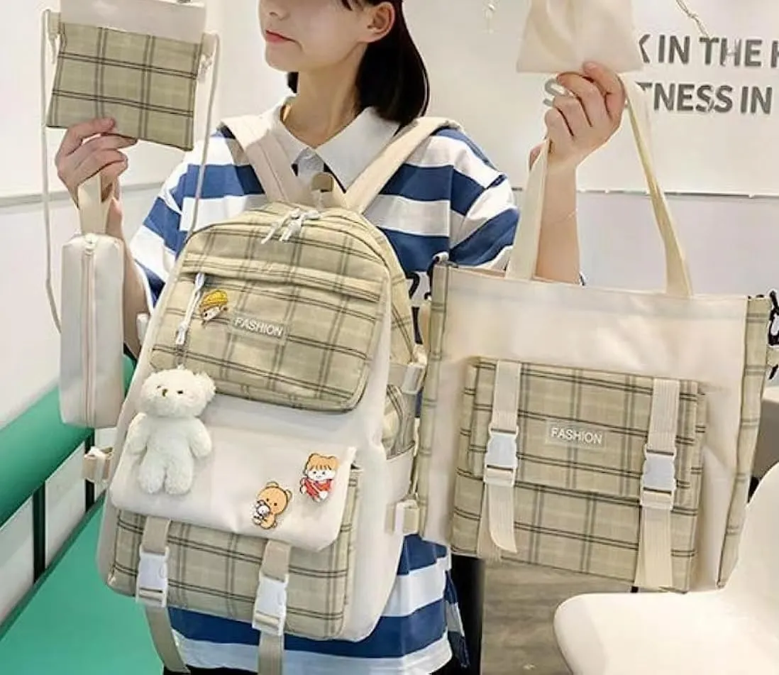 5 pcs Cute Backpack Set Aesthetic Backpack Japanese Kawaii Plaid Bag Preppy Accessories Fit 15.6" Laptop Casual Daypack (Khaki,One Size)