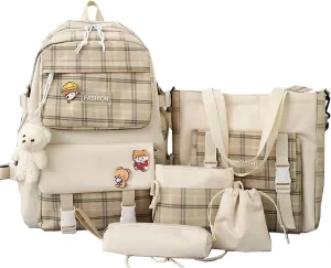 5 pcs Cute Backpack Set Aesthetic Backpack Japanese Kawaii Plaid Bag Preppy Accessories Fit 15.6" Laptop Casual Daypack (Khaki,One Size)