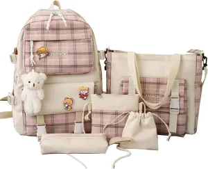5 pcs Cute Backpack Set Aesthetic Backpack Japanese Kawaii Plaid Bag Preppy Accessories Fit 15.6" Laptop Casual Daypack (Pink,One Size)