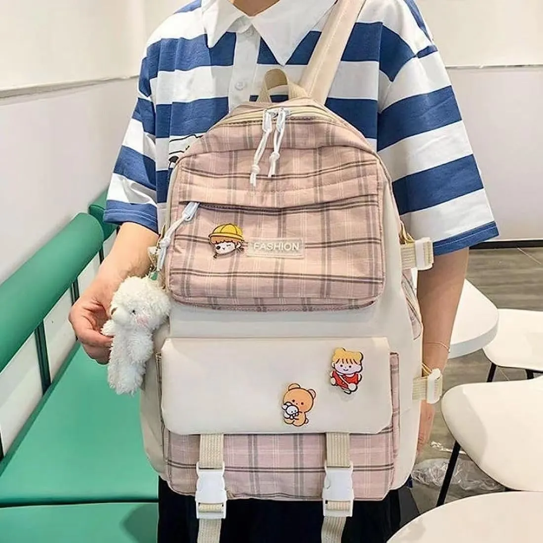 5 pcs Cute Backpack Set Aesthetic Backpack Japanese Kawaii Plaid Bag Preppy Accessories Fit 15.6" Laptop Casual Daypack (Pink,One Size)