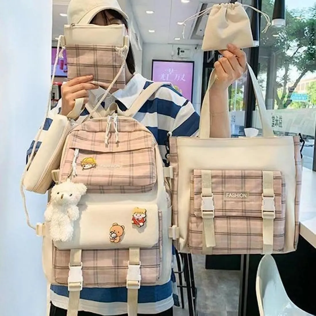 5 pcs Cute Backpack Set Aesthetic Backpack Japanese Kawaii Plaid Bag Preppy Accessories Fit 15.6" Laptop Casual Daypack (Pink,One Size)