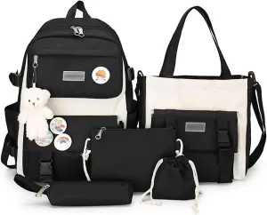 5 pcs Kawaii Backpack Set Cute Preppy Aesthetic Book Bag 15.6 inch Laptop Backpack College Book Bag Japanese Casual Daypack (Black,One Size)