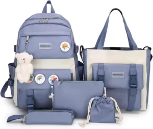 5 pcs Kawaii Backpack Set Cute Preppy Aesthetic Book Bag 15.6 inch Laptop Backpack College Book Bag Japanese Casual Daypack (Blue,One Size)
