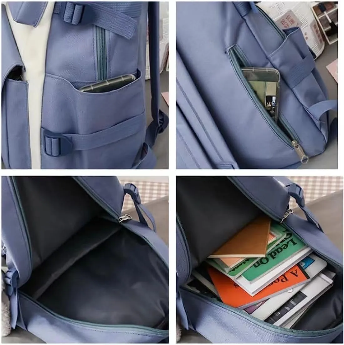 5 pcs Kawaii Backpack Set Cute Preppy Aesthetic Book Bag 15.6 inch Laptop Backpack College Book Bag Japanese Casual Daypack (Blue,One Size)