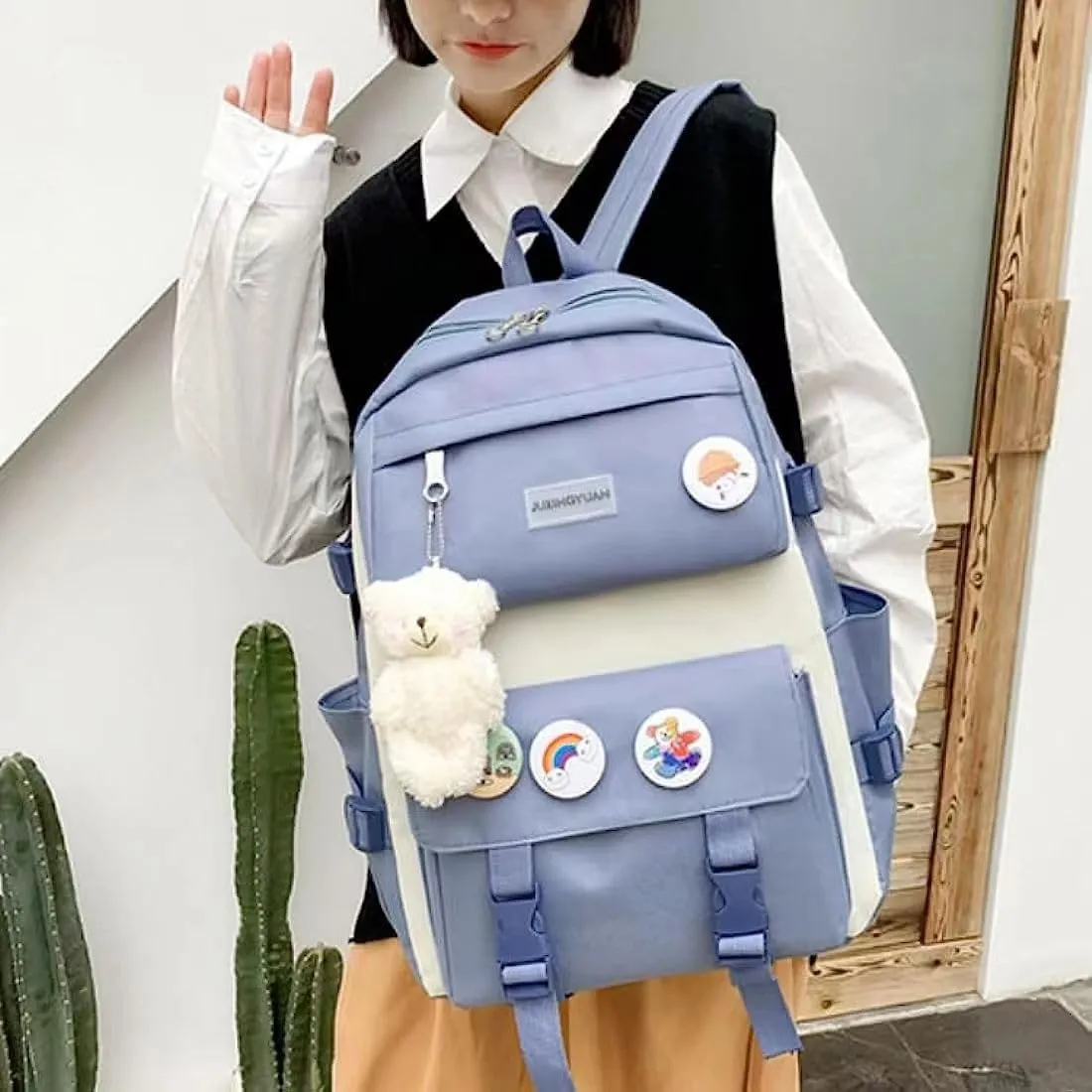 5 pcs Kawaii Backpack Set Cute Preppy Aesthetic Book Bag 15.6 inch Laptop Backpack College Book Bag Japanese Casual Daypack (Blue,One Size)