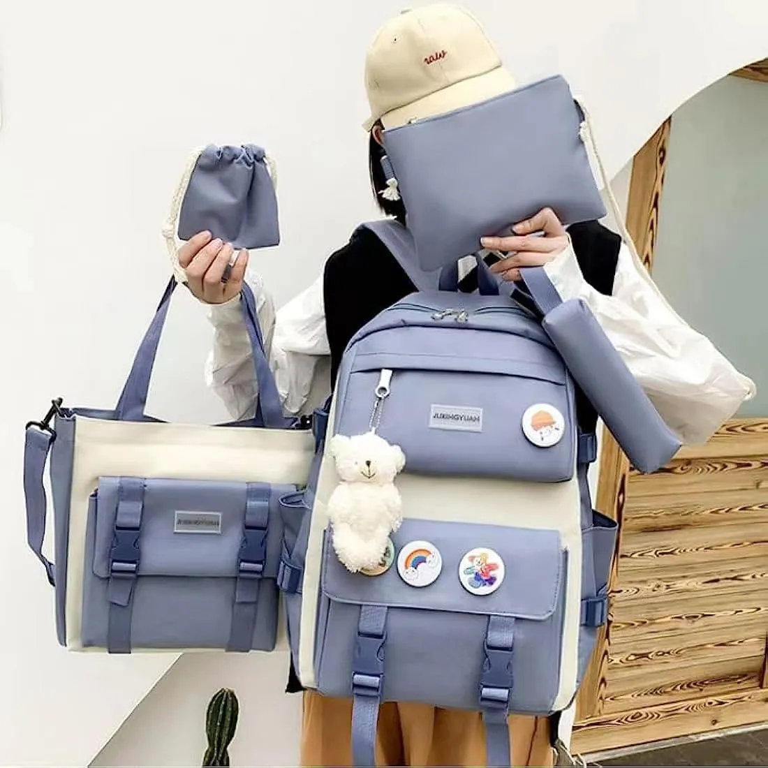 5 pcs Kawaii Backpack Set Cute Preppy Aesthetic Book Bag 15.6 inch Laptop Backpack College Book Bag Japanese Casual Daypack (Blue,One Size)