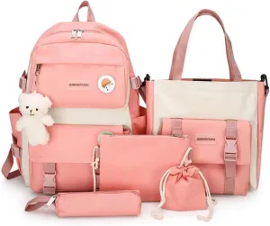 5 pcs Kawaii Backpack Set Cute Preppy Aesthetic Book Bag 15.6 inch Laptop Backpack College Book Bag Japanese Casual Daypack (Pink,One Size)