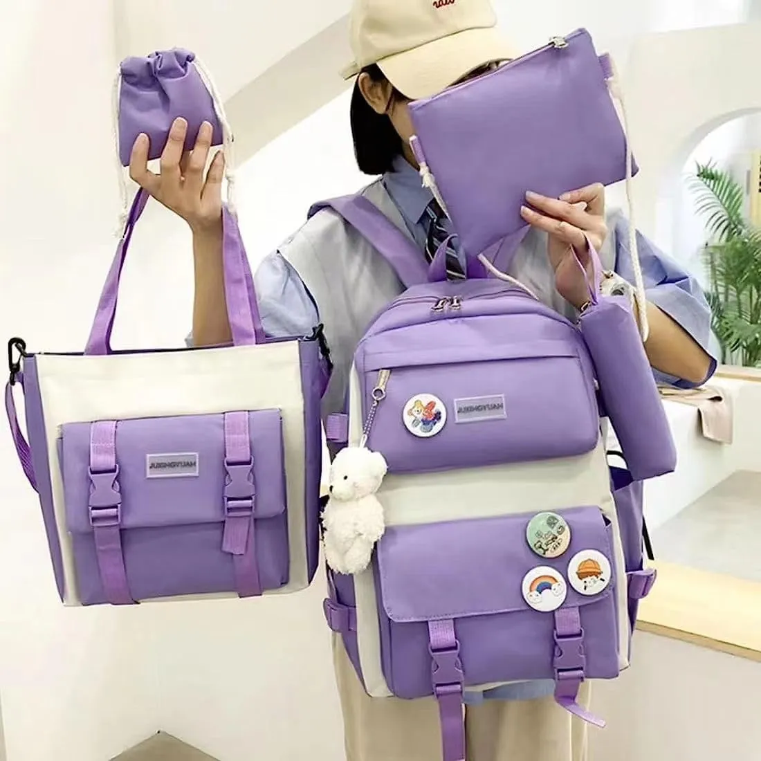 5 pcs Kawaii Backpack Set Cute Preppy Aesthetic Book Bag 15.6 inch Laptop Backpack College Book Bag Japanese Casual Daypack (Purple,One Size)
