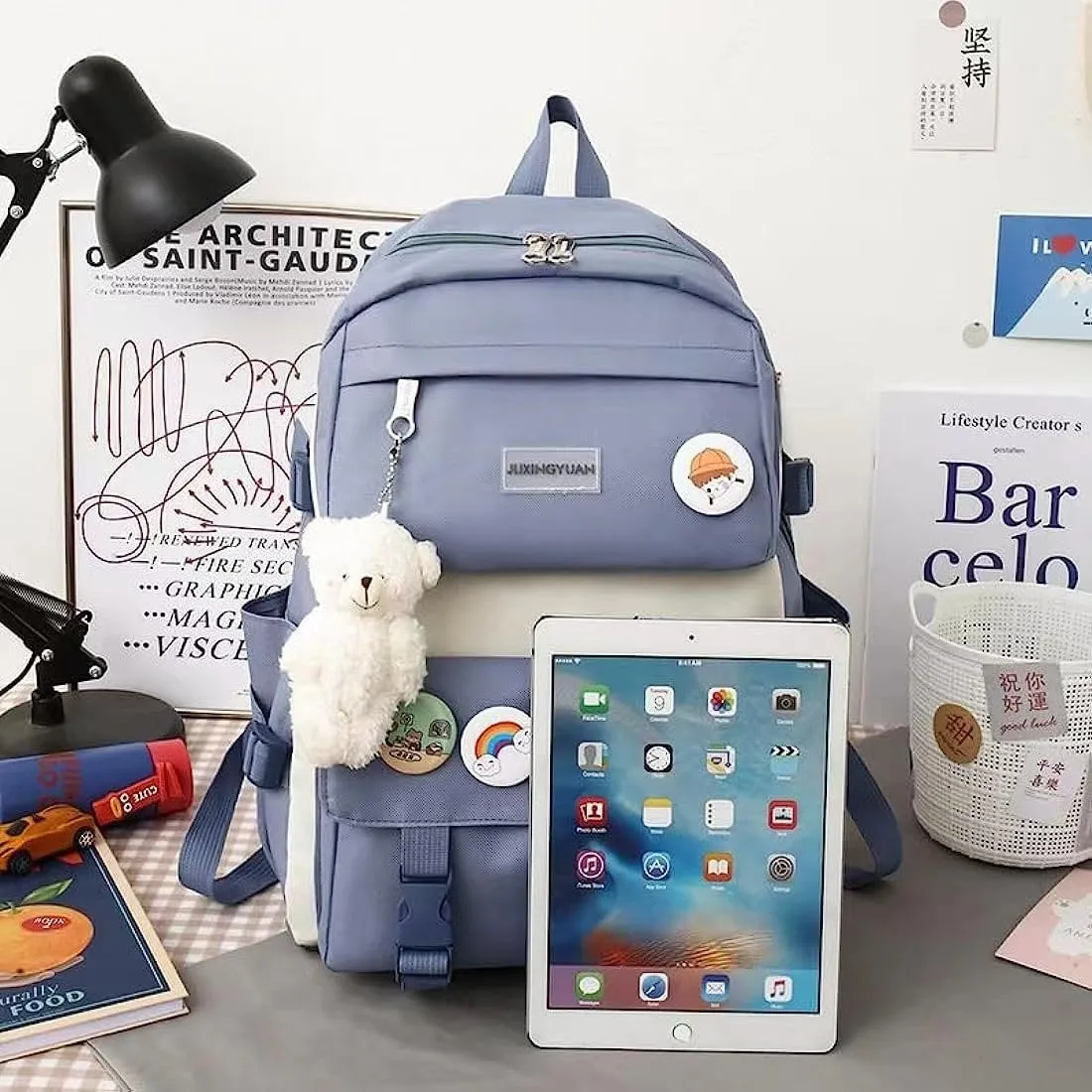 5 pcs Kawaii Backpack Set Cute Preppy Aesthetic Book Bag 15.6 inch Laptop Backpack College Book Bag Japanese Casual Daypack (Purple,One Size)