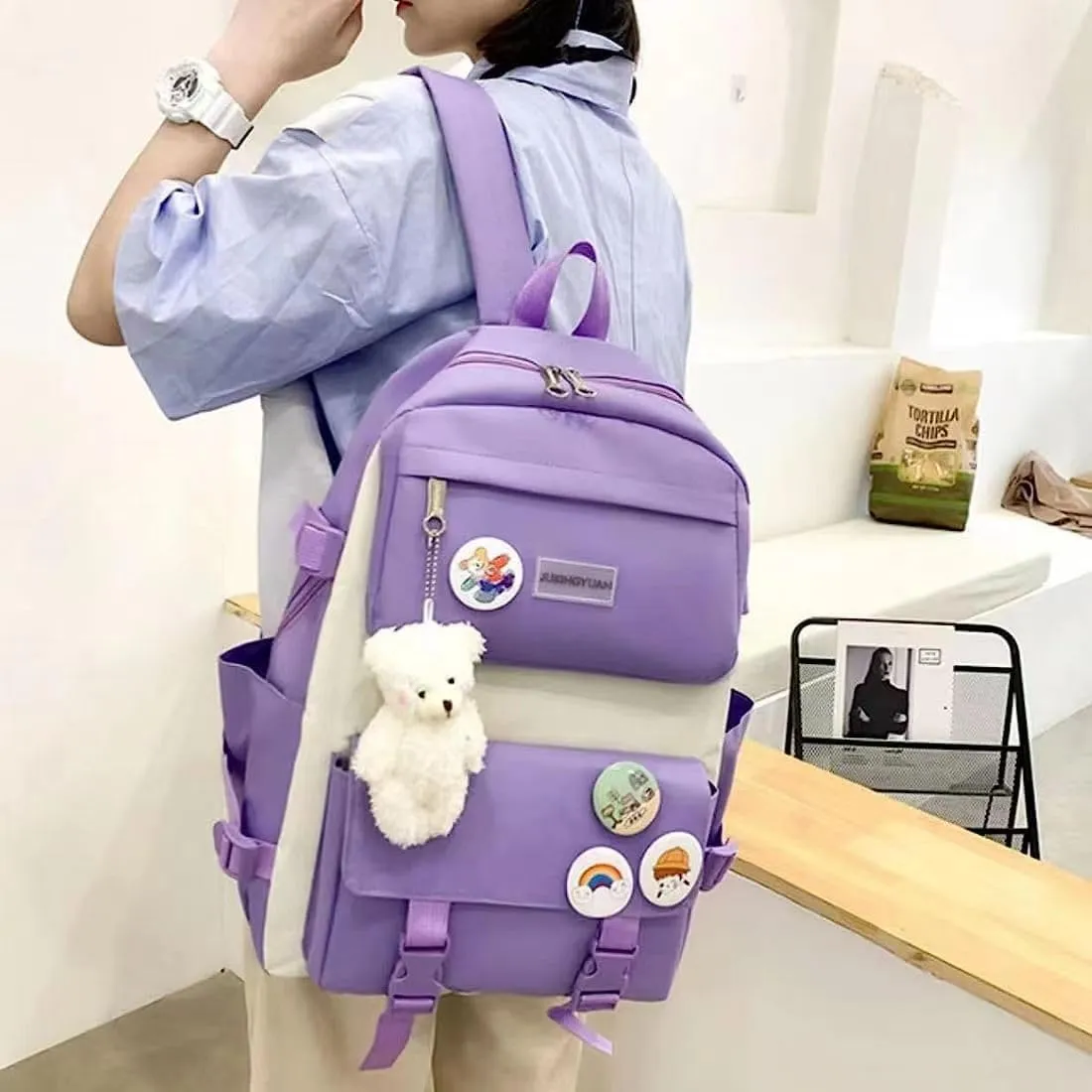 5 pcs Kawaii Backpack Set Cute Preppy Aesthetic Book Bag 15.6 inch Laptop Backpack College Book Bag Japanese Casual Daypack (Purple,One Size)