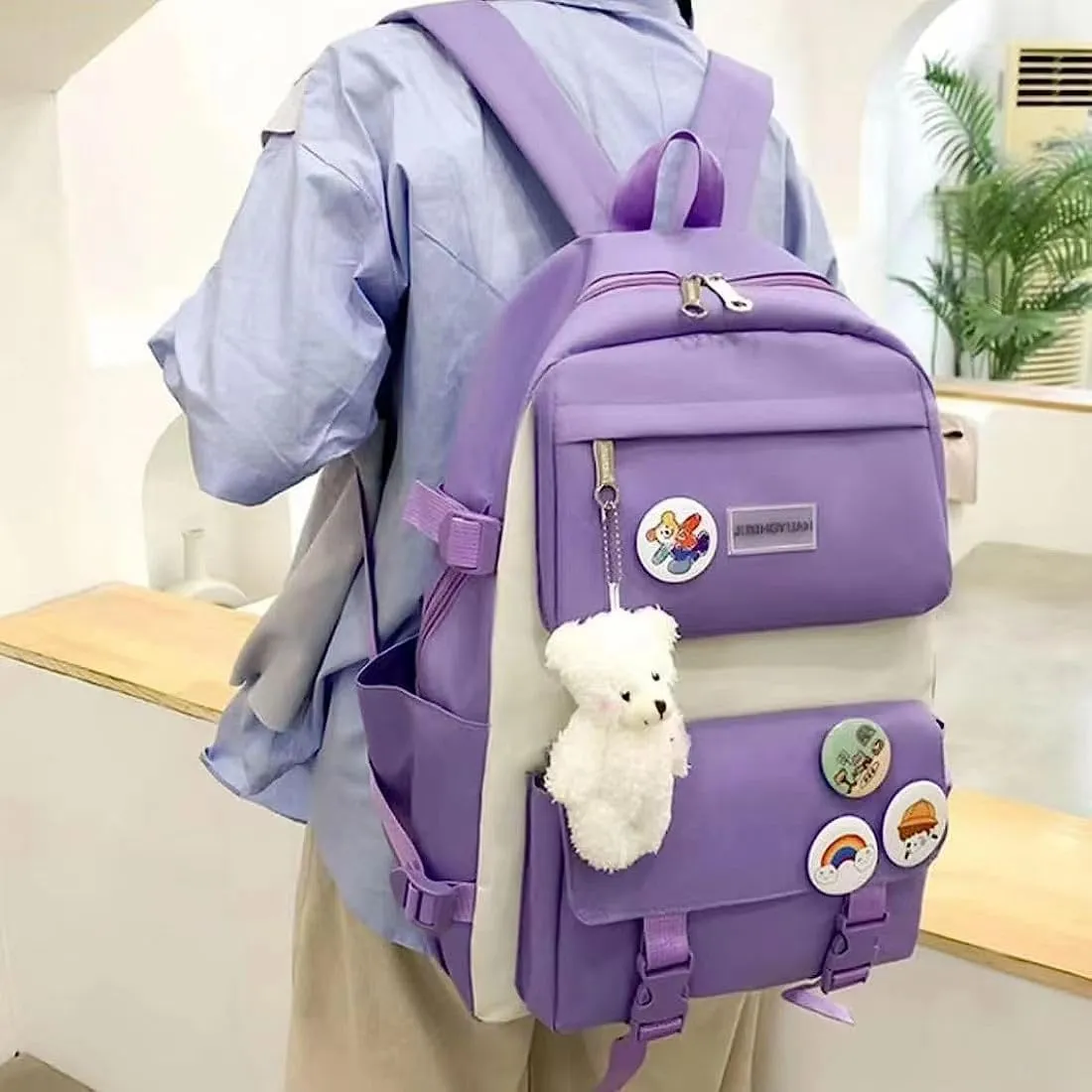 5 pcs Kawaii Backpack Set Cute Preppy Aesthetic Book Bag 15.6 inch Laptop Backpack College Book Bag Japanese Casual Daypack (Purple,One Size)