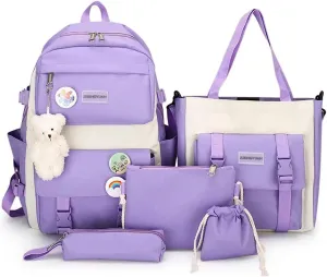 5 pcs Kawaii Backpack Set Cute Preppy Aesthetic Book Bag 15.6 inch Laptop Backpack College Book Bag Japanese Casual Daypack (Purple,One Size)