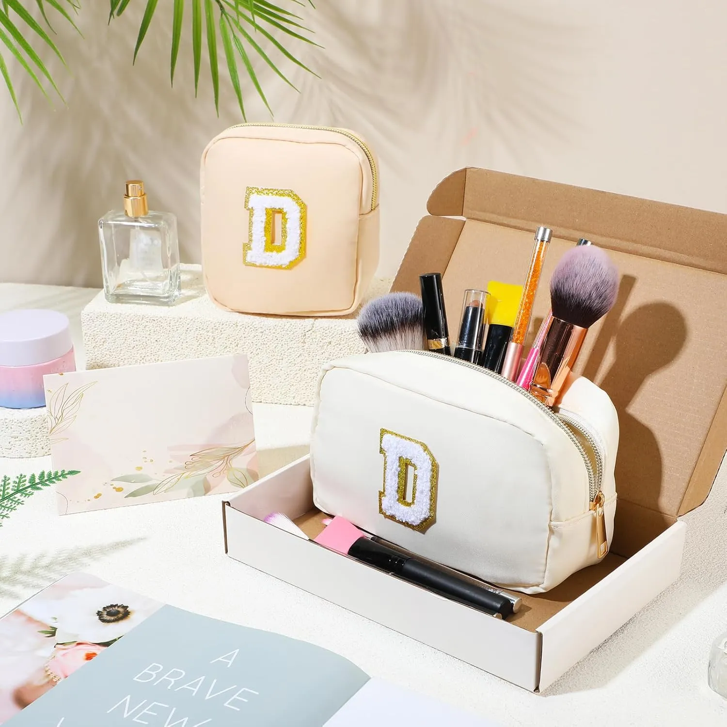 Abbylike Monogram Makeup Bag 2 Pcs Preppy Cosmetic Bag Bridesmaid Gift Bachelorette Party Favors Personalized Birthday Gift for Women Initial Toiletry Packet Nylon Chenille Letter Pouch(Letter D)