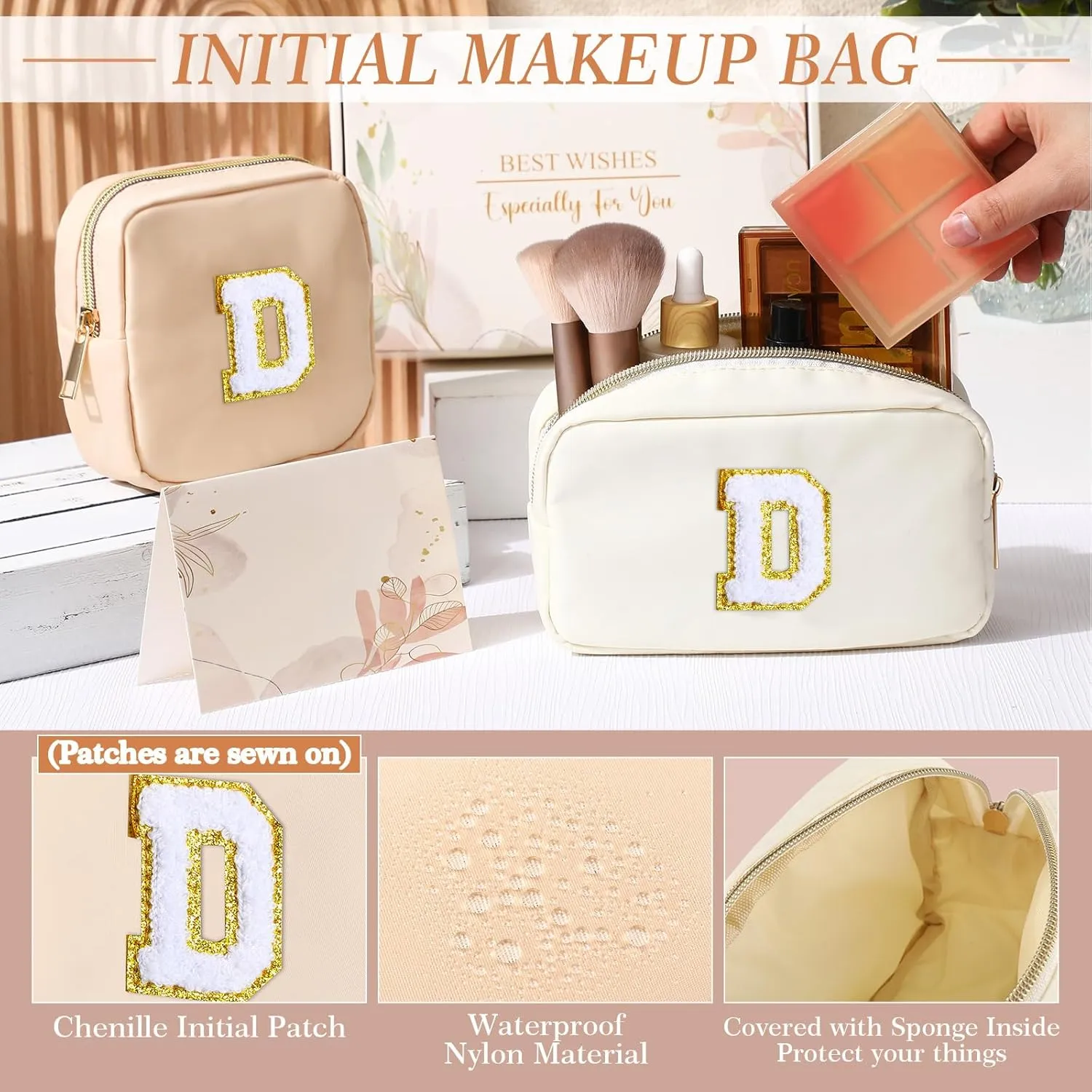 Abbylike Monogram Makeup Bag 2 Pcs Preppy Cosmetic Bag Bridesmaid Gift Bachelorette Party Favors Personalized Birthday Gift for Women Initial Toiletry Packet Nylon Chenille Letter Pouch(Letter D)